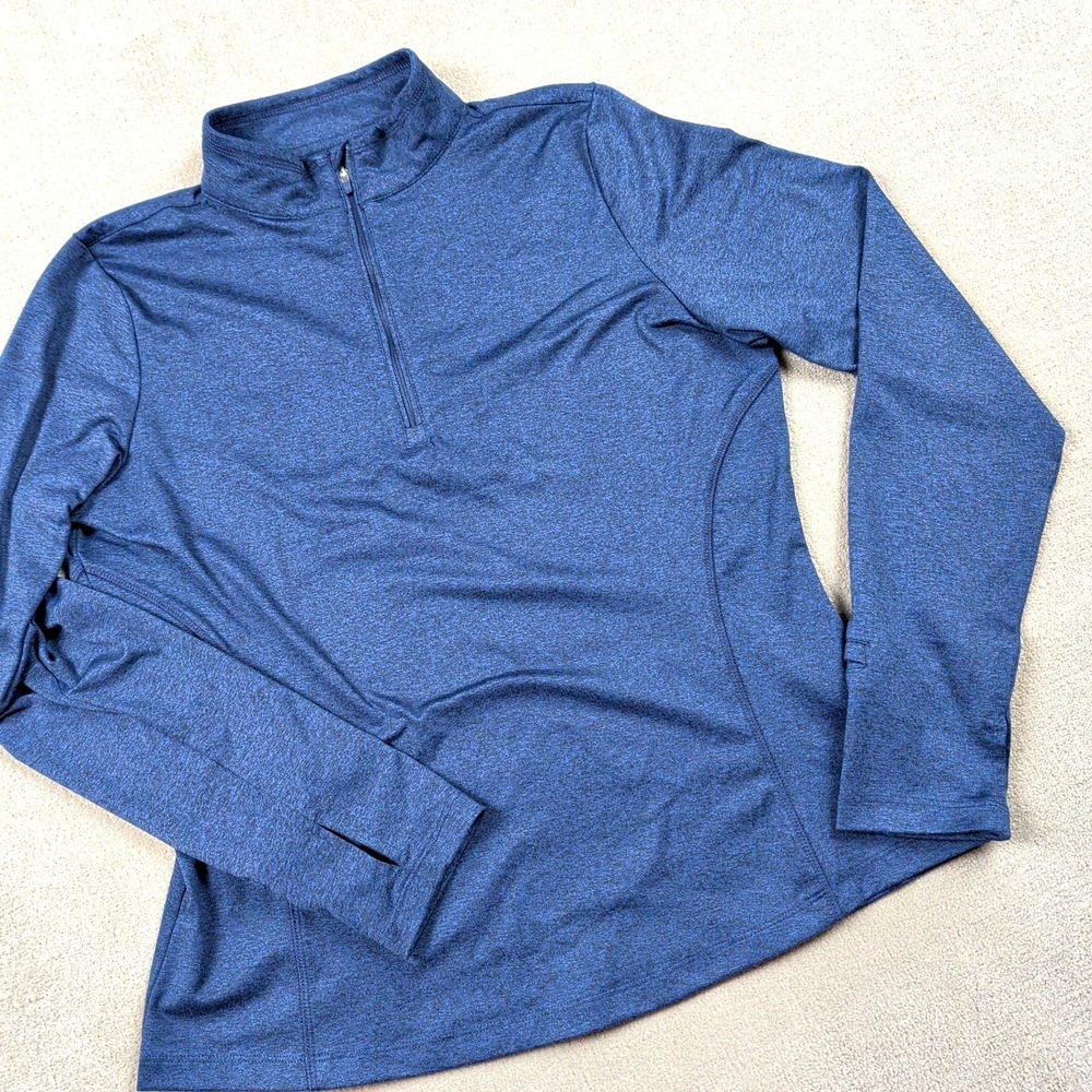 Quince Flowknit Quarter-Zip Pullover Womens Medium Heather Navy Blue Thumbholes